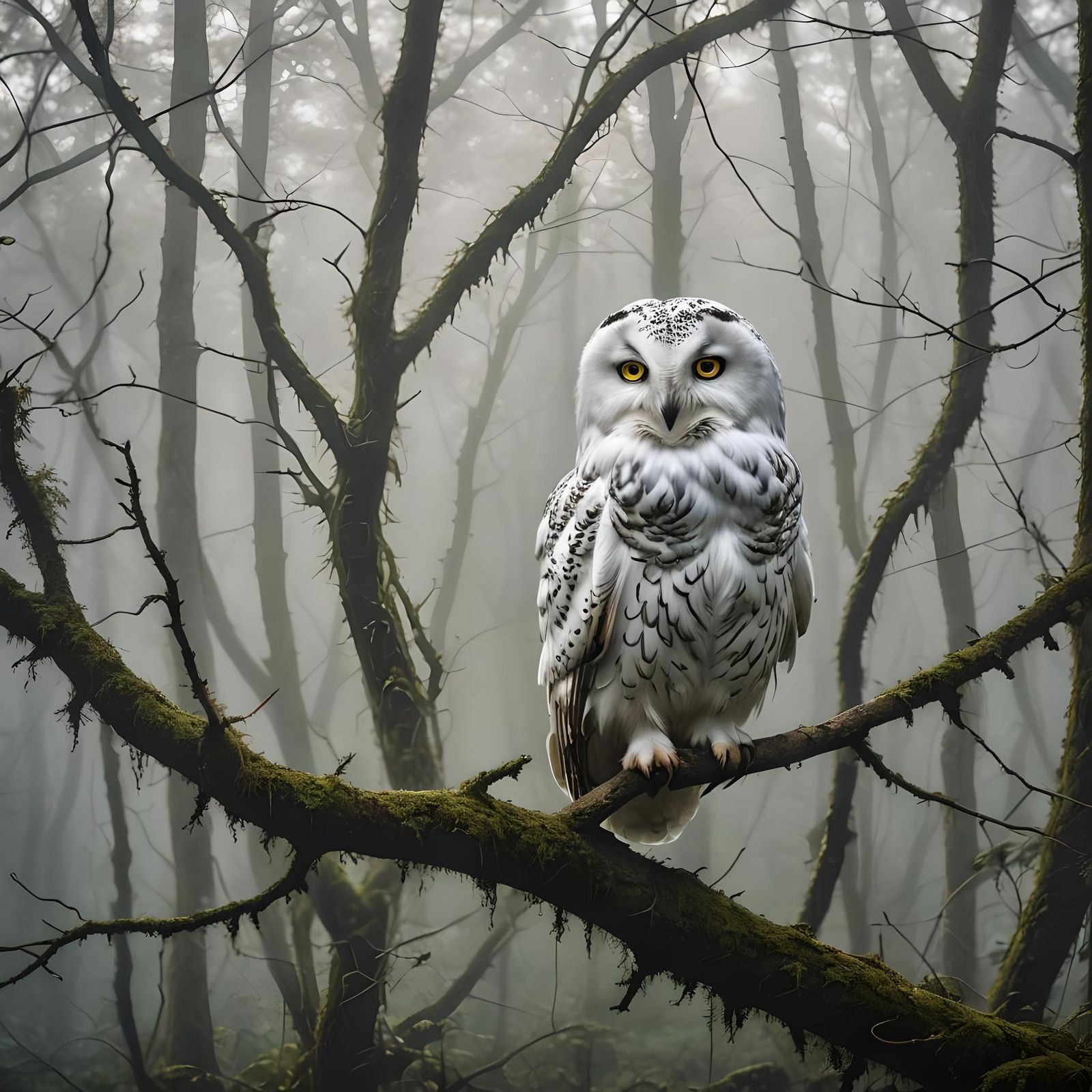 Mystical White Owl in Foggy Forest Ambiance