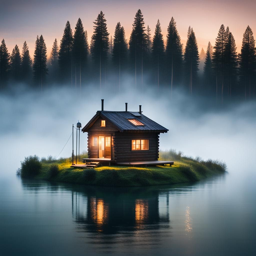 Cabin on Floating Island in Mist: Photography