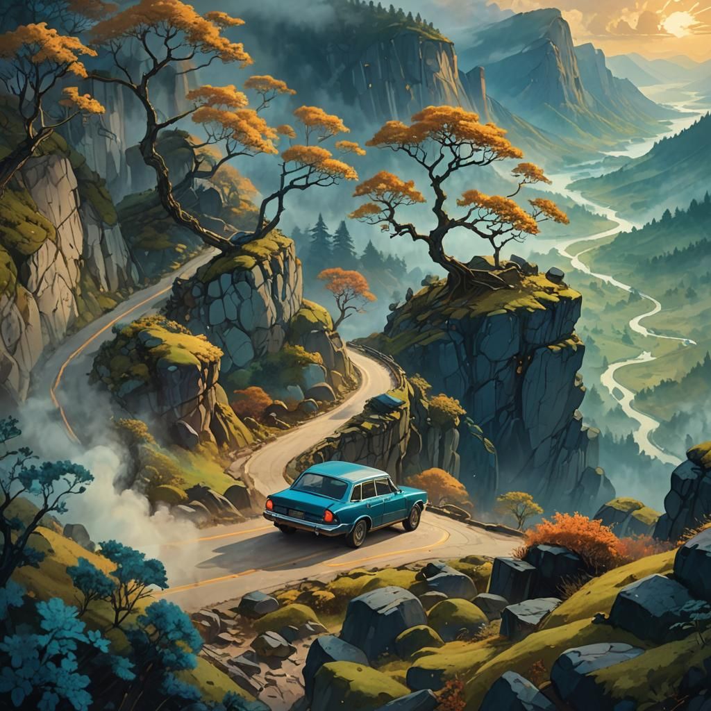 Cliffside Car in Misty Valley: Fantasy Matte Painting