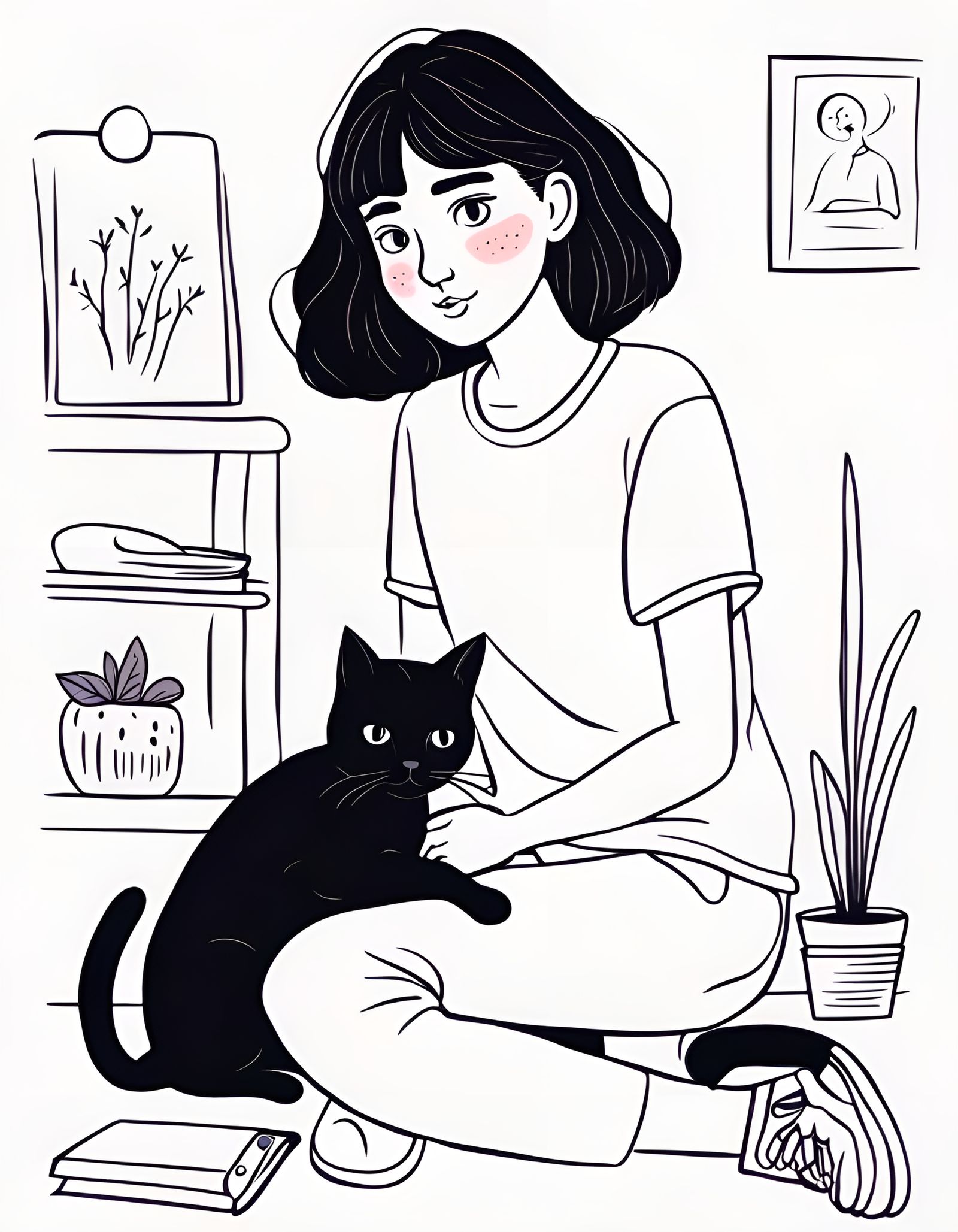 Cartoon Girl with Black Cat Vector Illustration