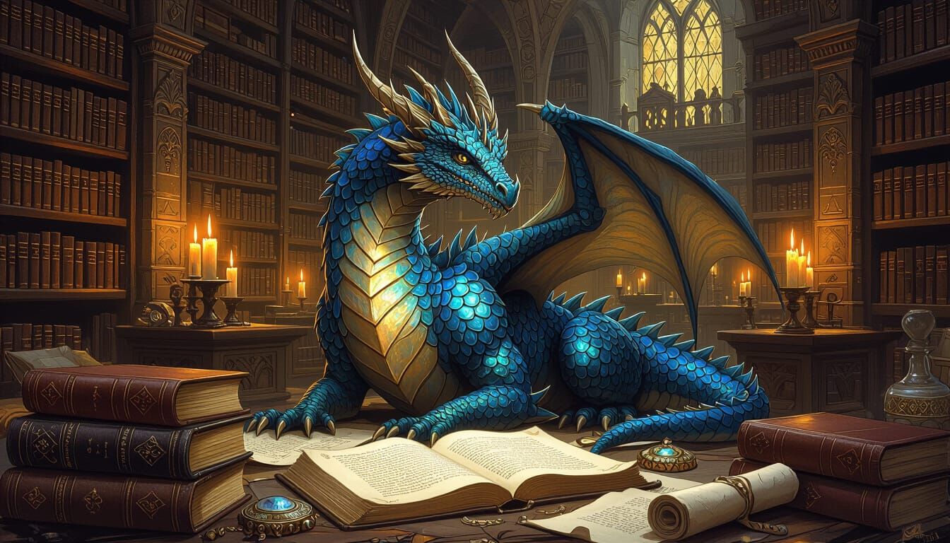 Medieval Dragon in Candlelit Library, Fantasy Art