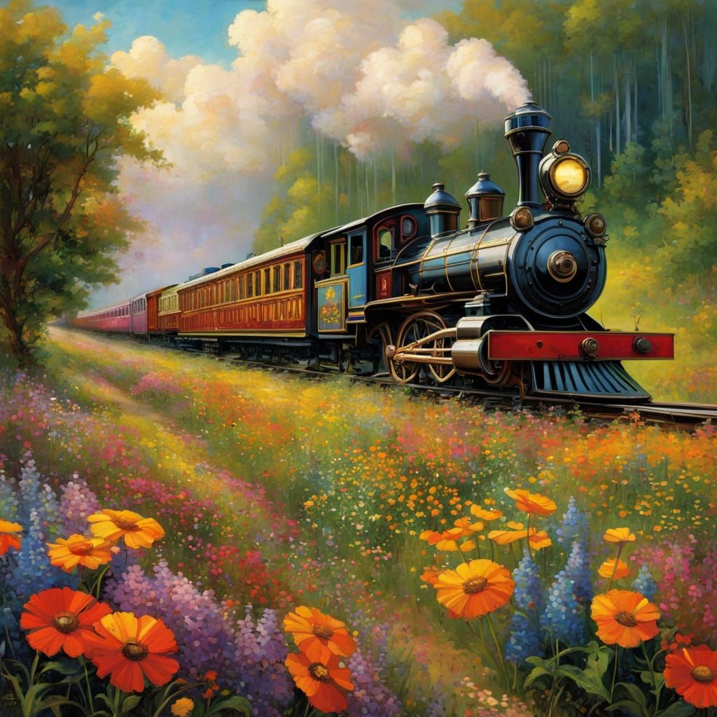 Steampunk Train in Vibrant Wildflower Landscape