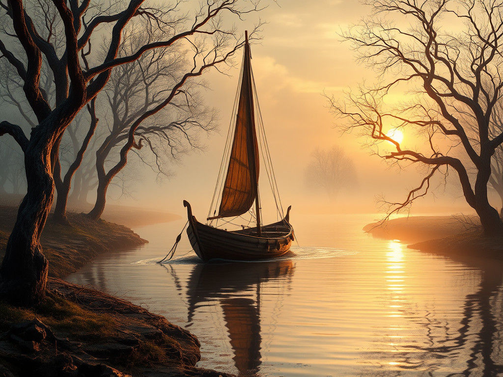 Mystical Boat Glides Down Misty River at Dusk