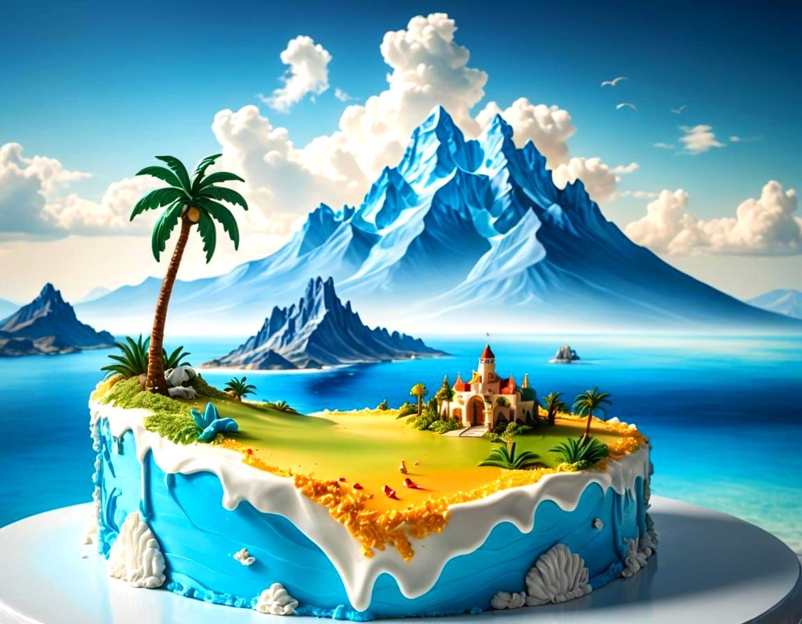 Surreal Fairytale Cake with Sea and Mountain Imagery