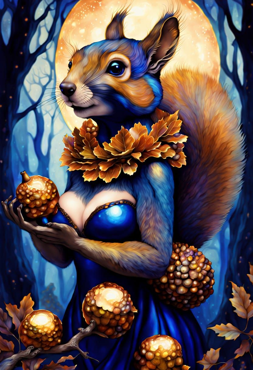 Fantasy Squirrel-Woman in Indigo and Amber Alcohol Ink
