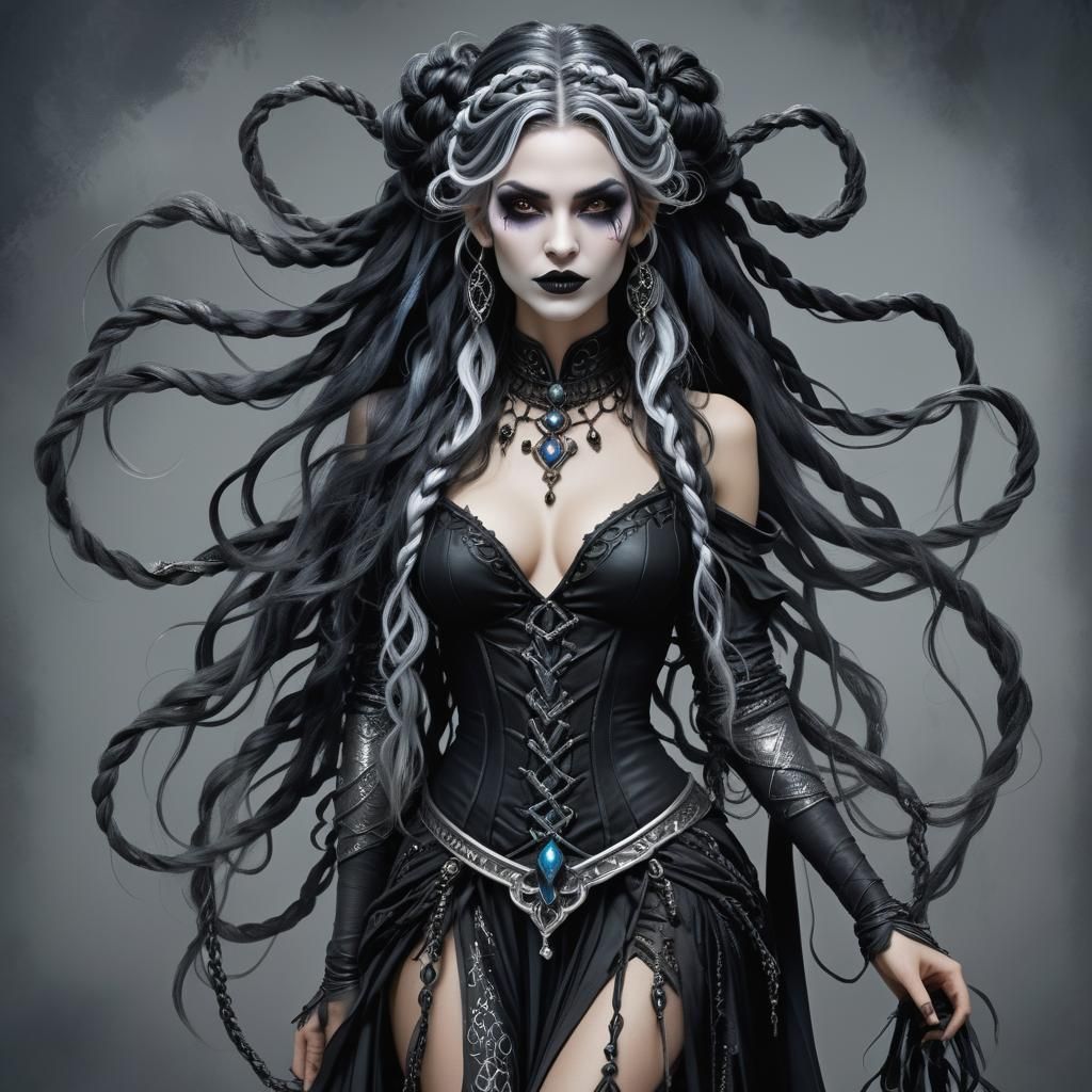 Gothic Sorceress Portrait with Jester and Dark Allure