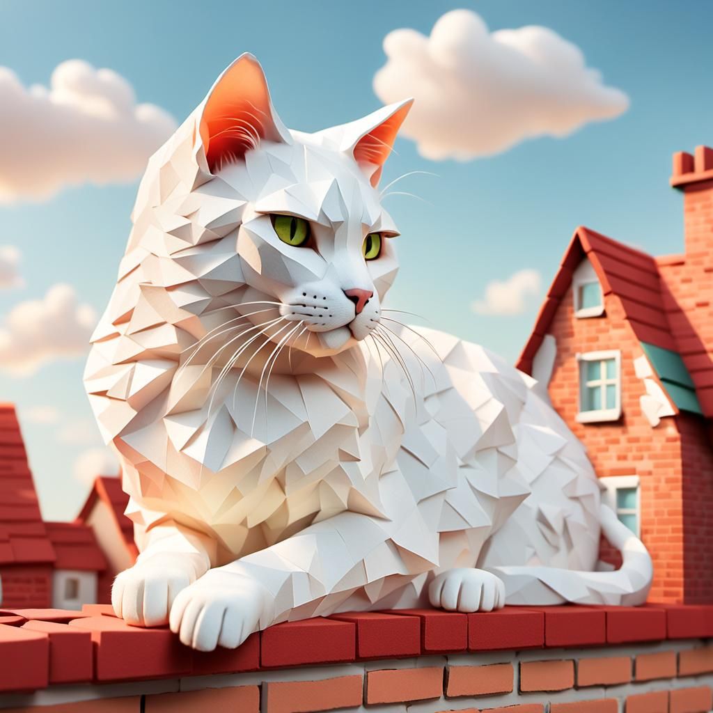White Cat on Red Roof in Papercraft Style