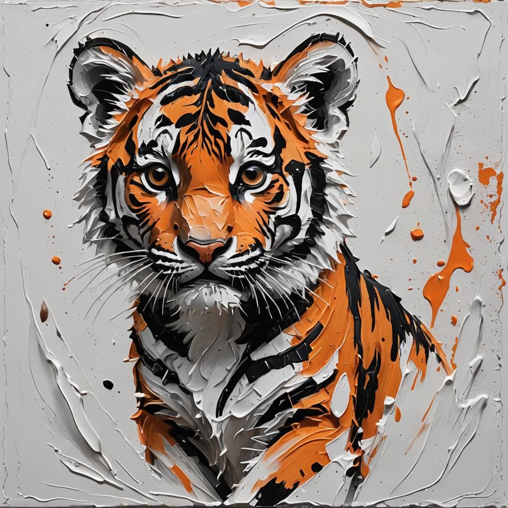 Minimalist Tiger Cub Impasto Painting