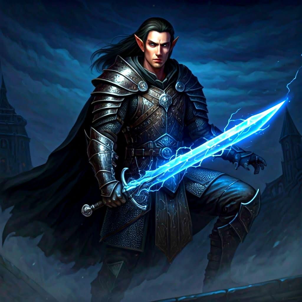 Half-Elf Rogue with Lightning Sword on Rooftop