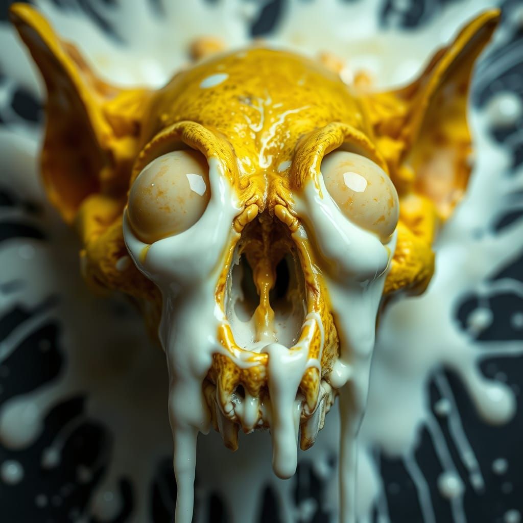 Hyperrealistic Melted Bat Skull in Pollock Splatter Style