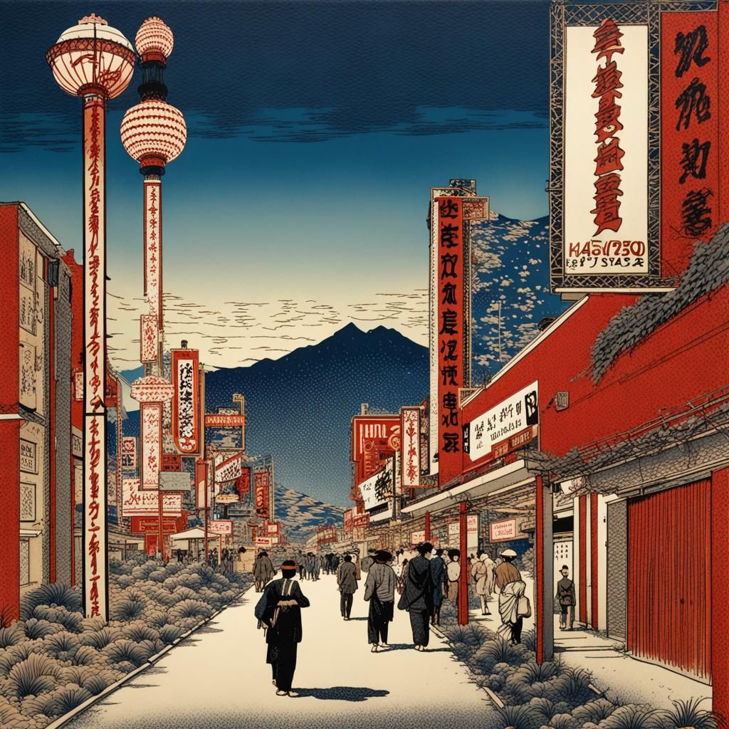 Las Vegas Sign in Hokusai Block Print Style