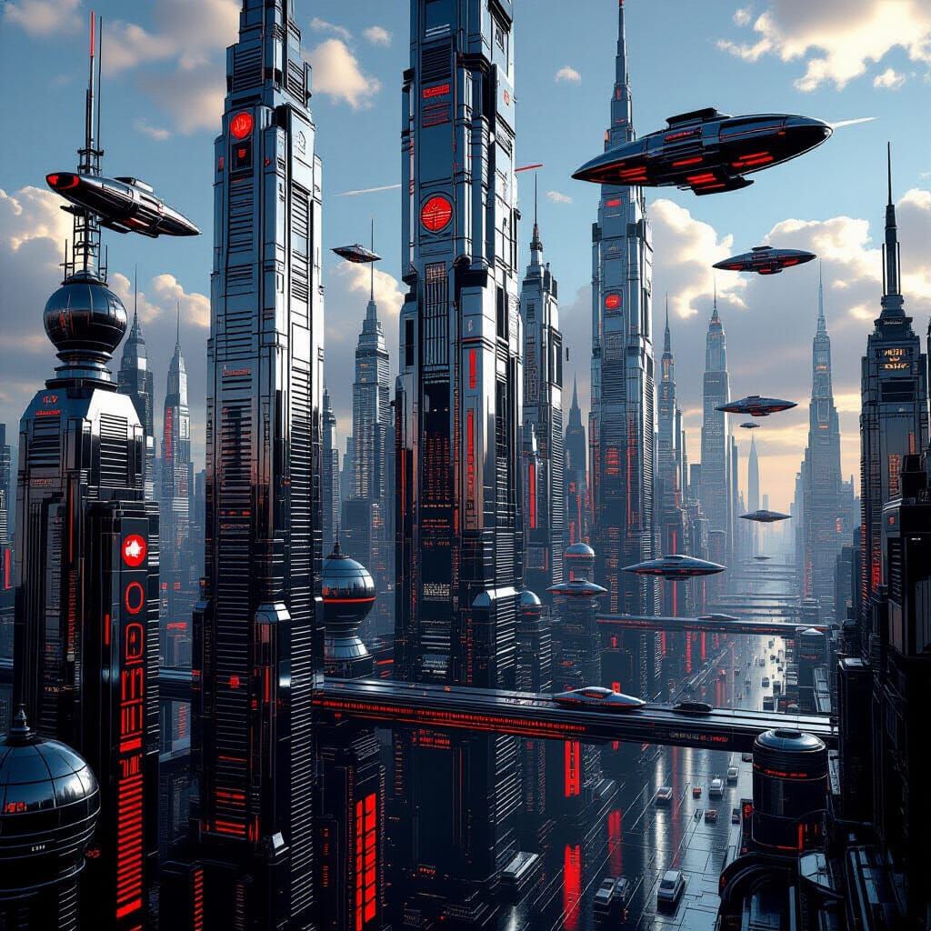 Retro-Futuristic Cityscape in 3D with Chrome Skyscrapers