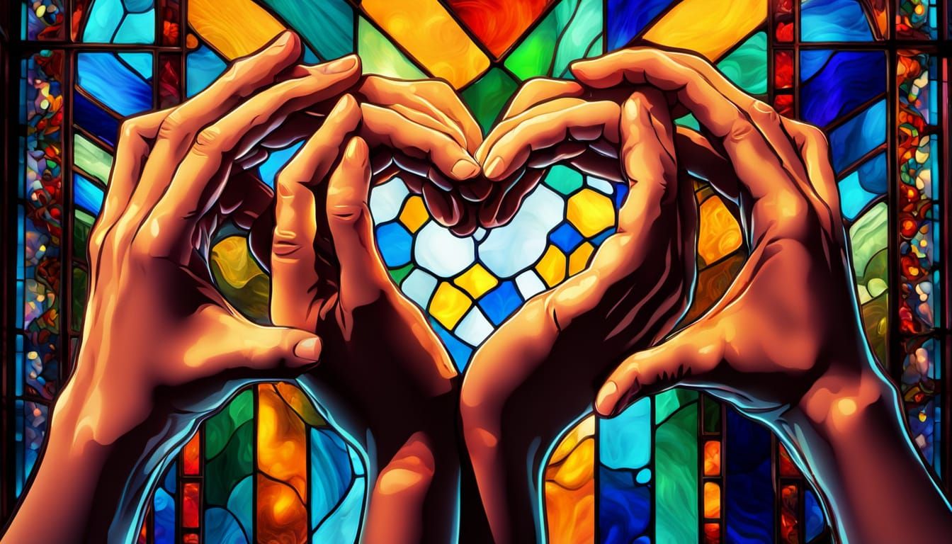 Diverse Hands Form Heart in Stained Glass