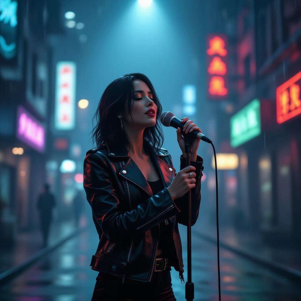 Cyberpunk Singer in Neon City Spotlight