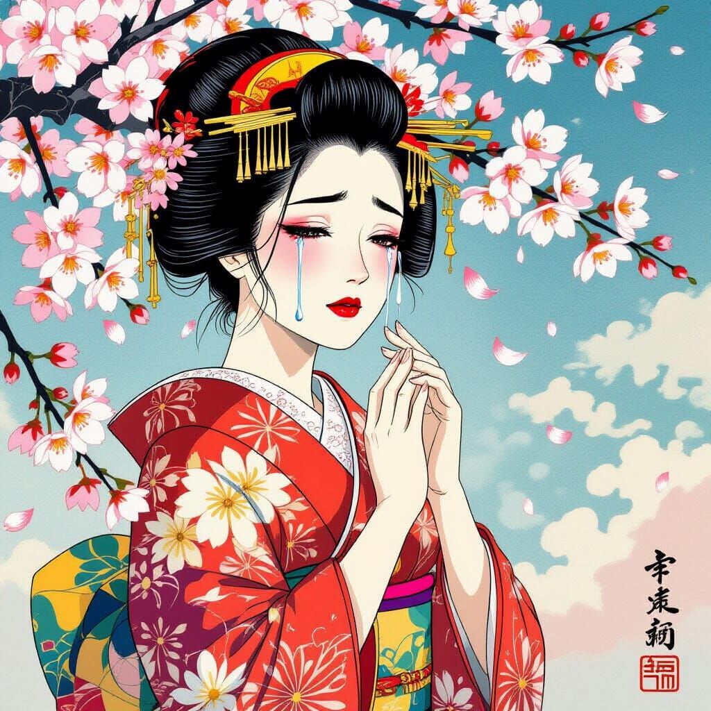Woman in Kimono with Cherry Blossoms in Ukiyo-e Style