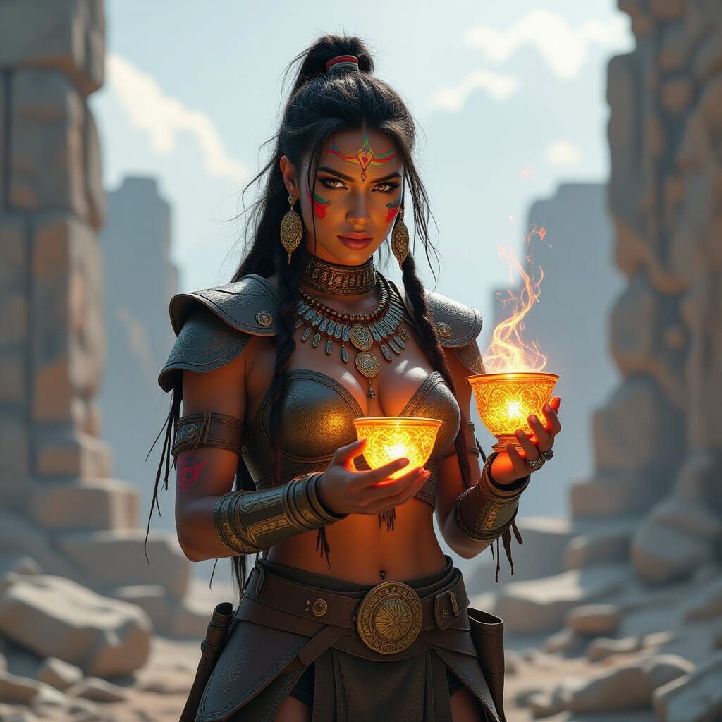 Tribal Warrior Woman in Ruins with Glowing Chalice