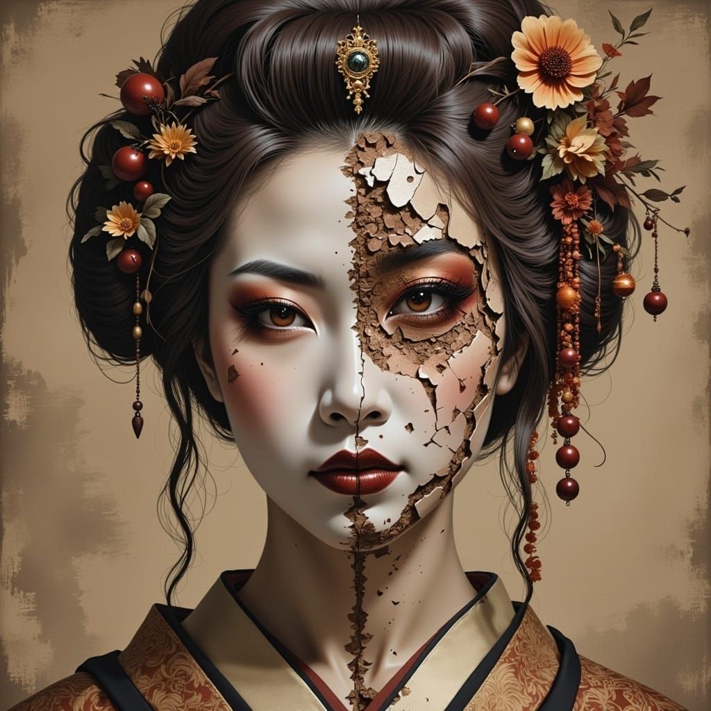 Split Face Geisha Portrait: Shattered Beauty