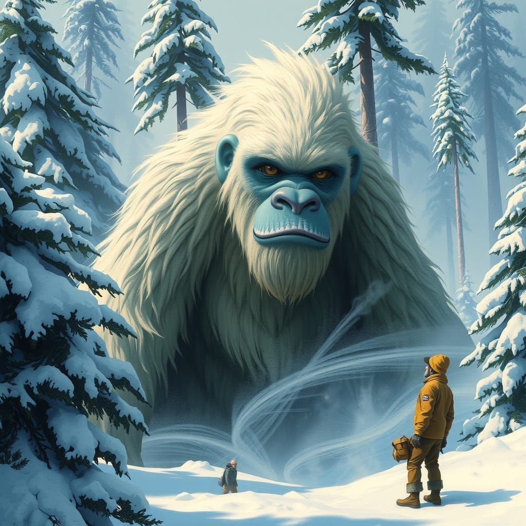 Majestic Yeti Surrounded by Snowy Forest in the Mountains