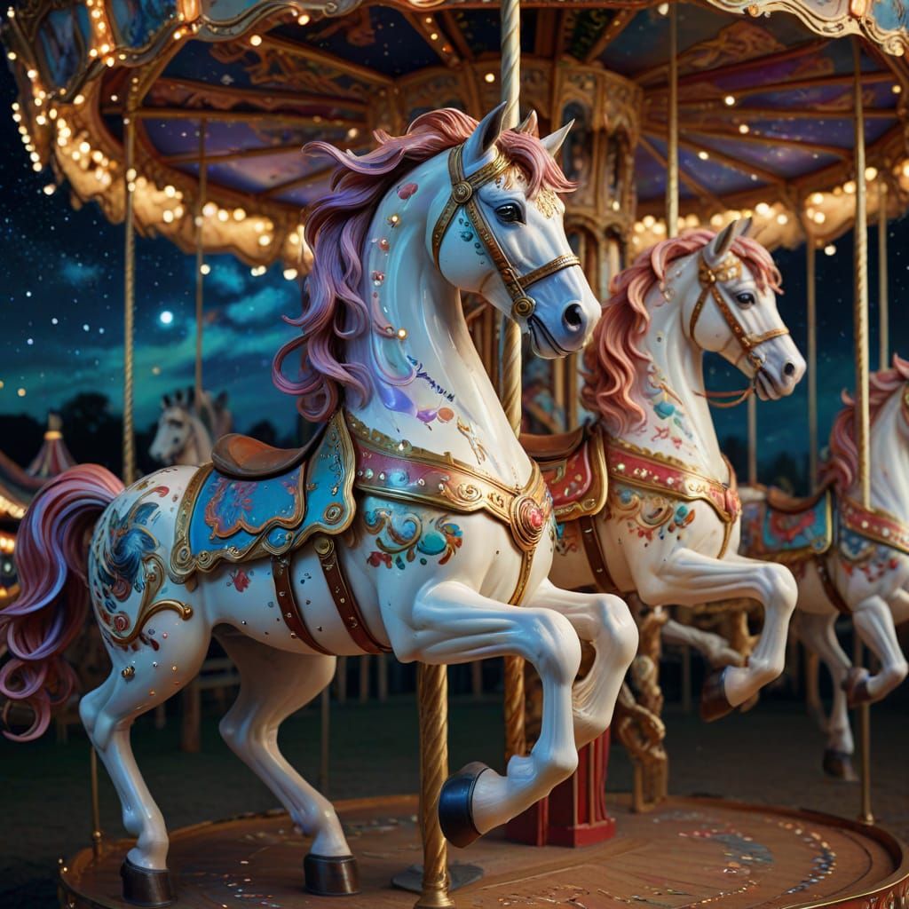 Magical Carousel Horses in Vivid Night Photography