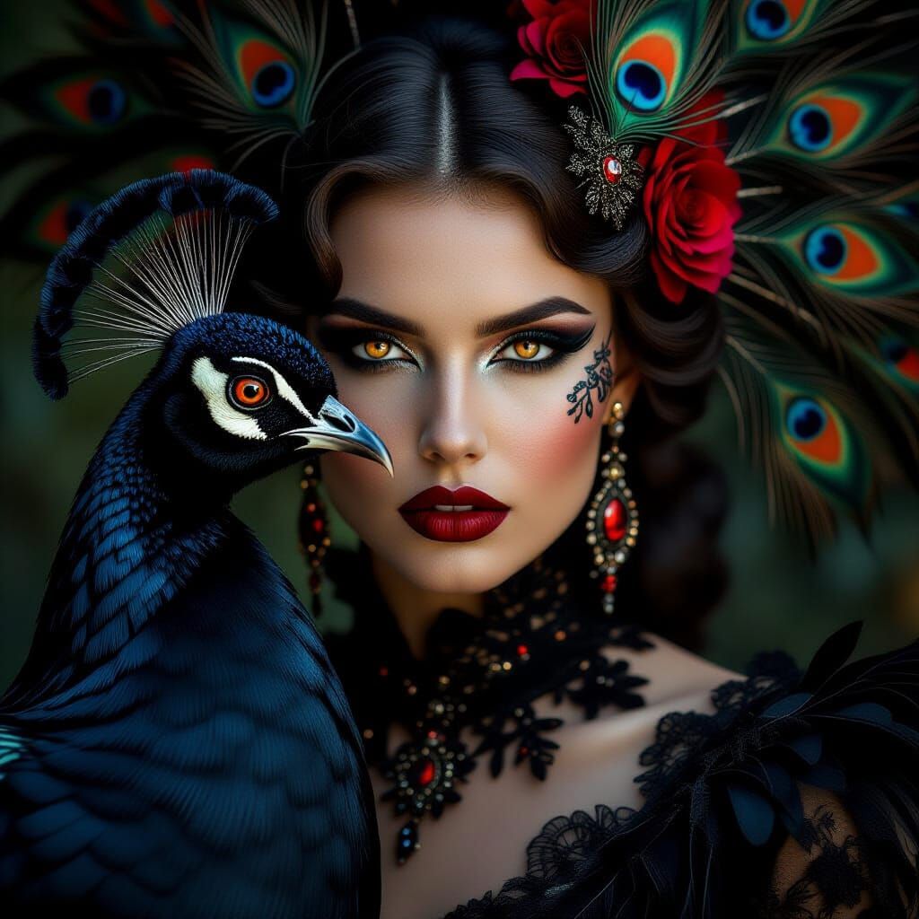 Gothic Woman with Peafowl in Dark Fantasy Style