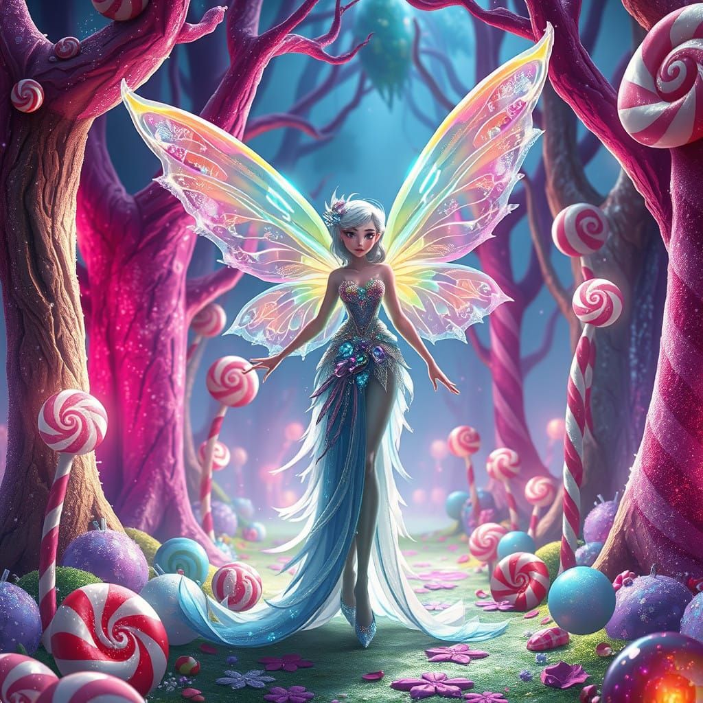 Dreamlike Fairy in Vibrant Candyland Wood