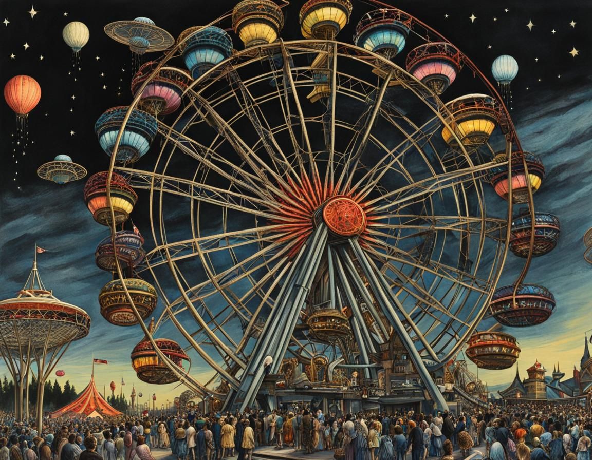 Space station theme park with mini space pods on the Ferris ...