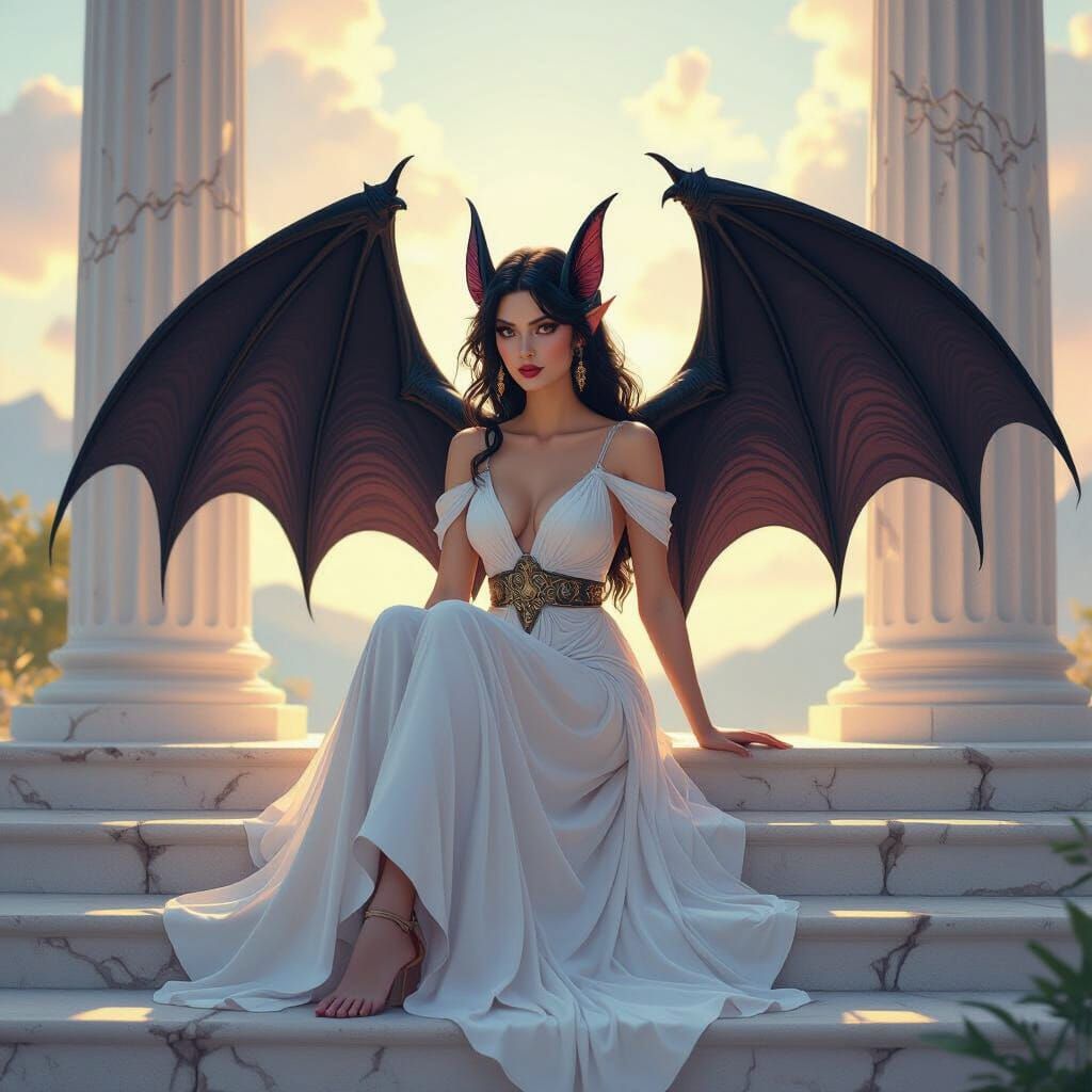 Dark Fairy with Bat Wings on Greek Temple Steps