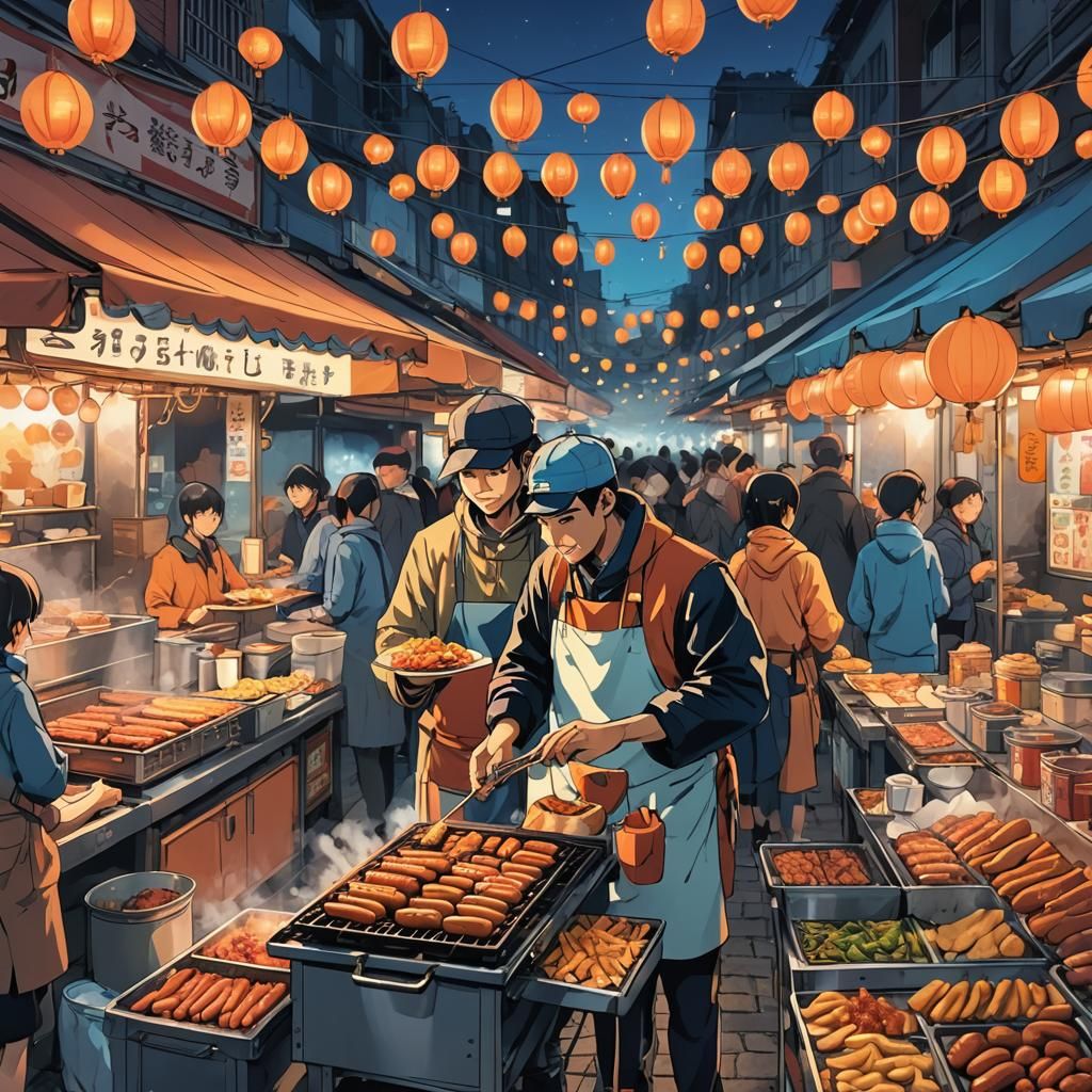 Anime Hot Dog Seller at Street Food Market