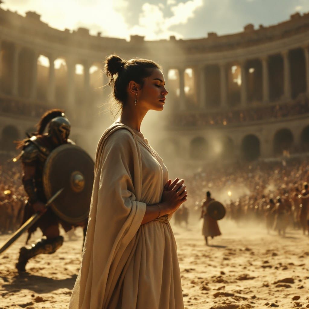 Perpetua Awaits Gladiator in Roman Arena, Cinematic Style