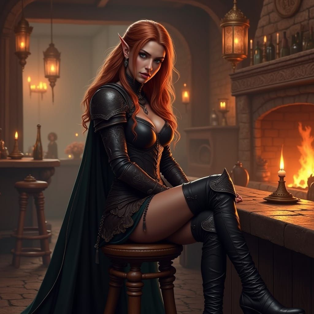 Female Elf Adventurer in Medieval Tavern