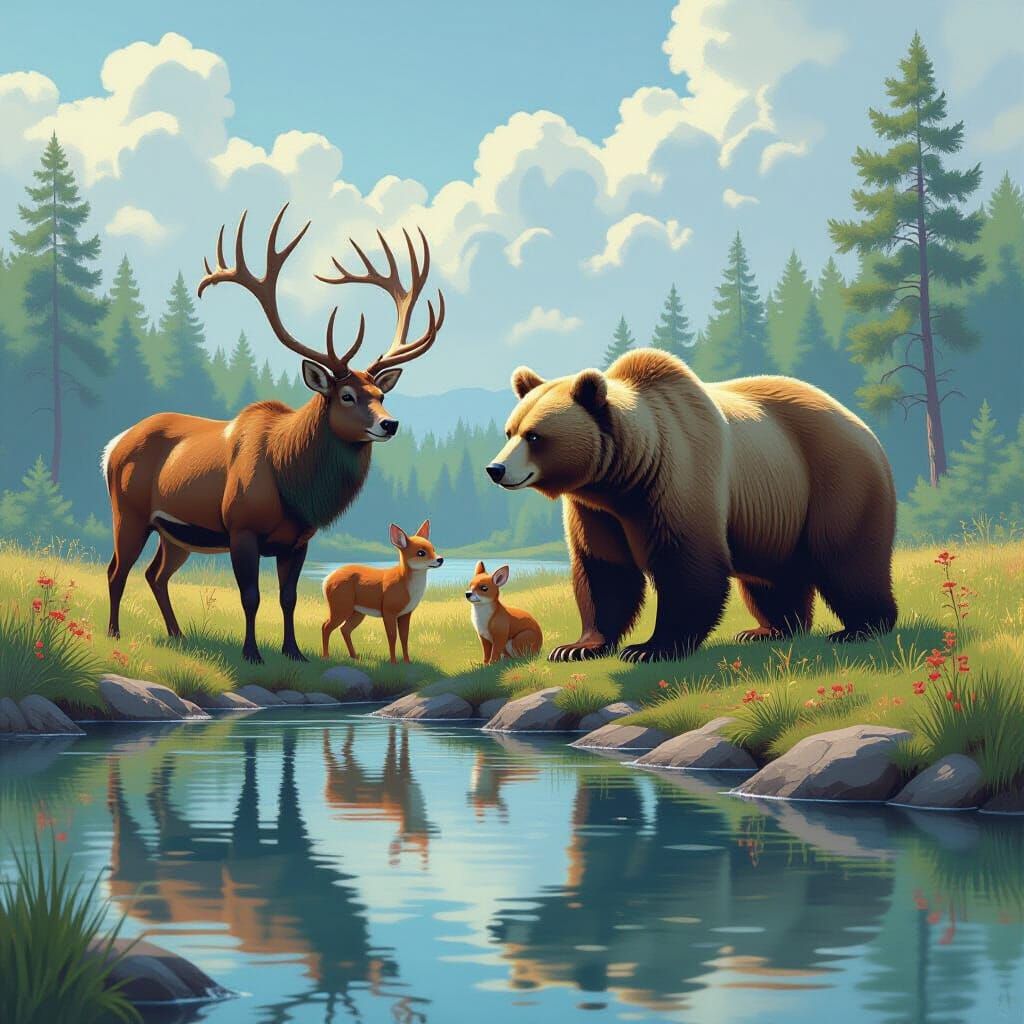 Whimsical Forest Animals in Flower Meadow