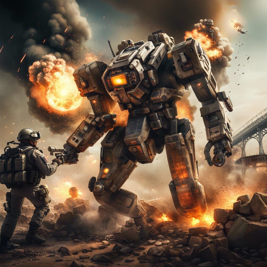 Hyperrealistic Combat Mech and Soldiers in Action
