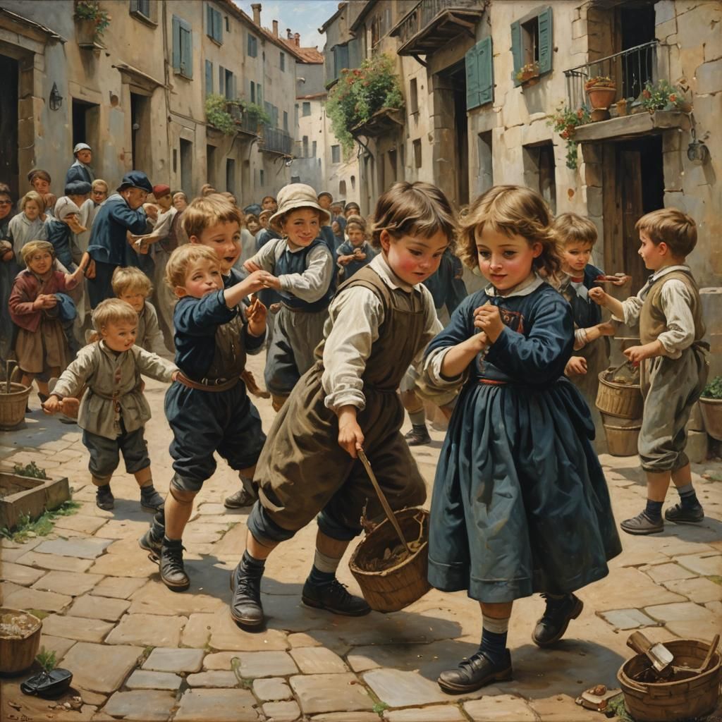 Children Playing in Detailed Oil Painting Style