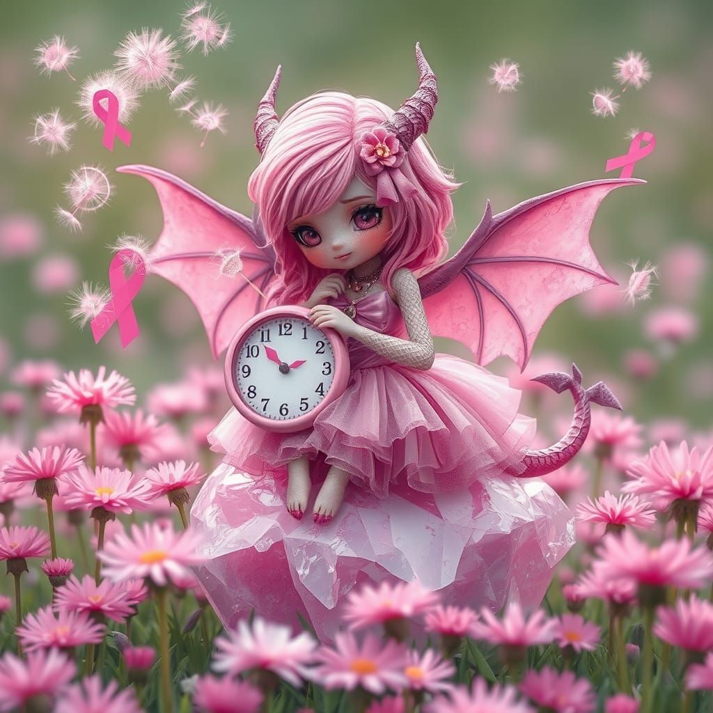 Pink Gothic Dragon-Girl Making a Wish in Dandelion Field