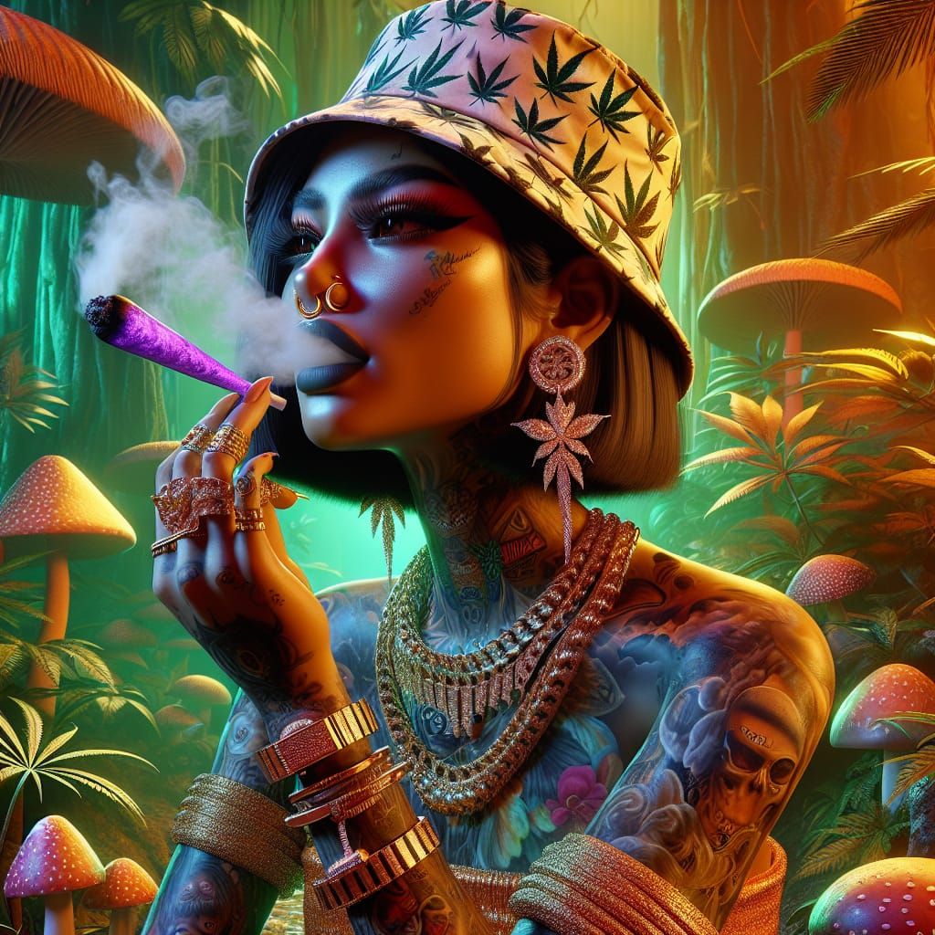 3D Woman Smoking a Joint in Exotic Forest