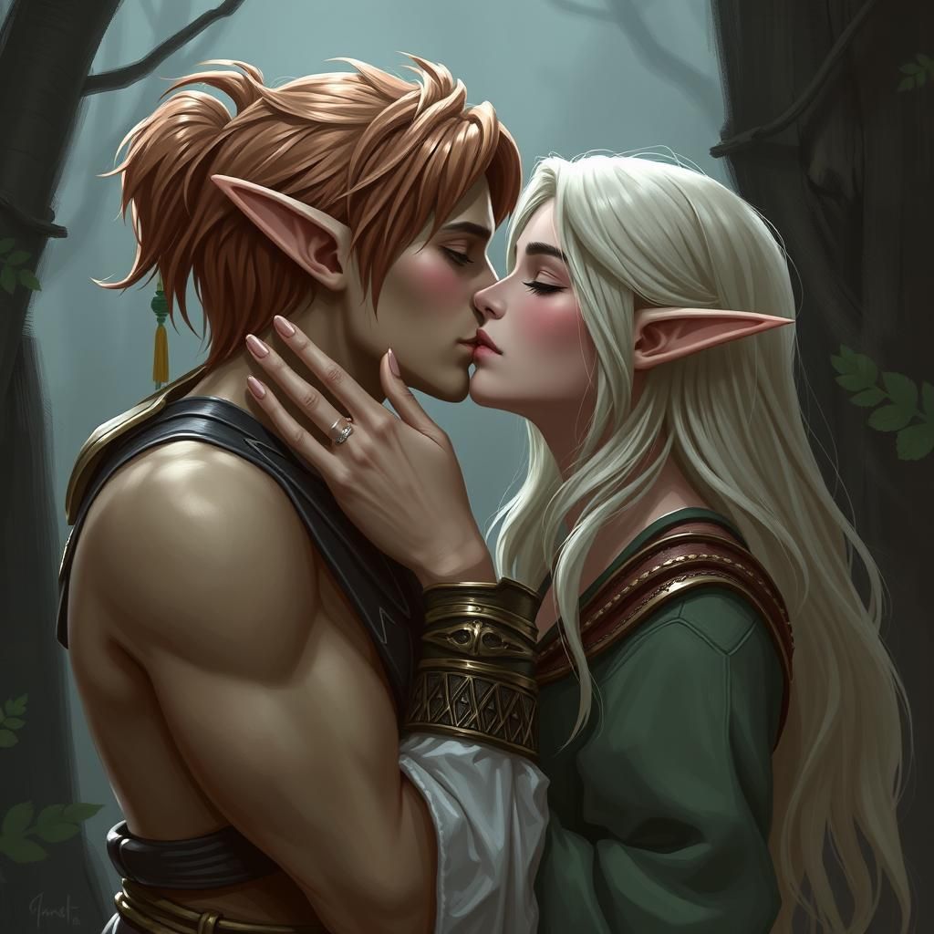 Elf and Human Kiss in Digital Art Style