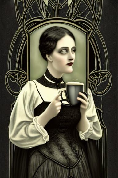 Witch Coffee Portrait in Art Nouveau Style
