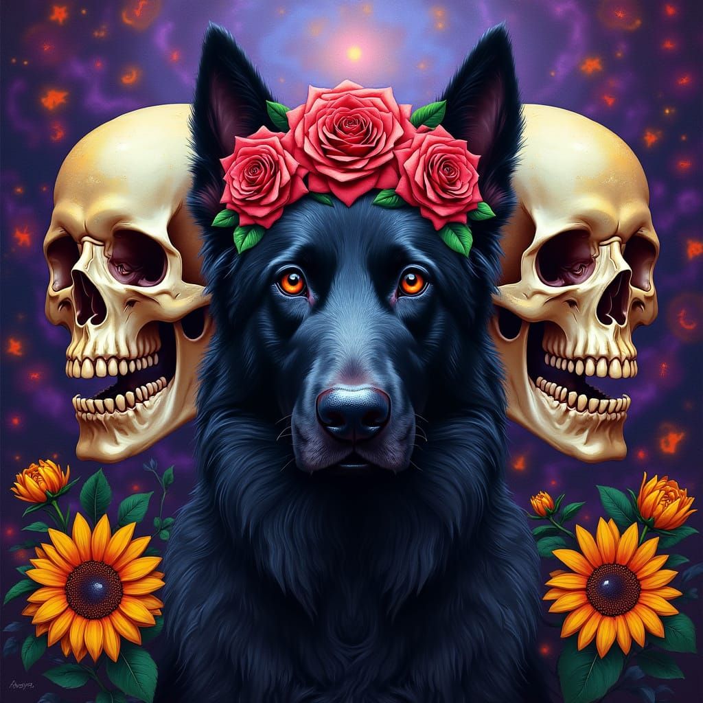 Psychedelic Skulls with Roses, Sunflowers, and German Shephe...