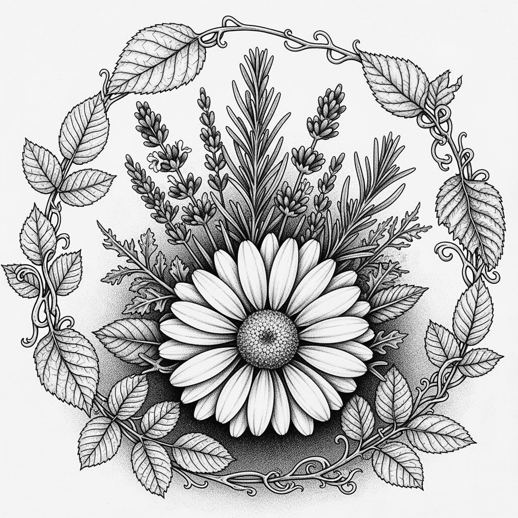 Intricate Charcoal Drawing of Daisy with Herbs