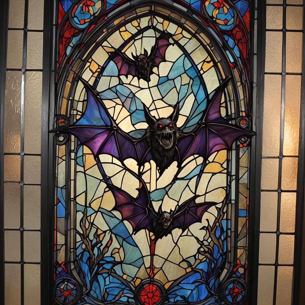 Sinister Vampire Bats in Gothic Stained Glass