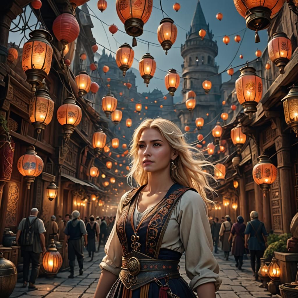 Blonde Woman Among Turkish Lanterns: Fantasy Art