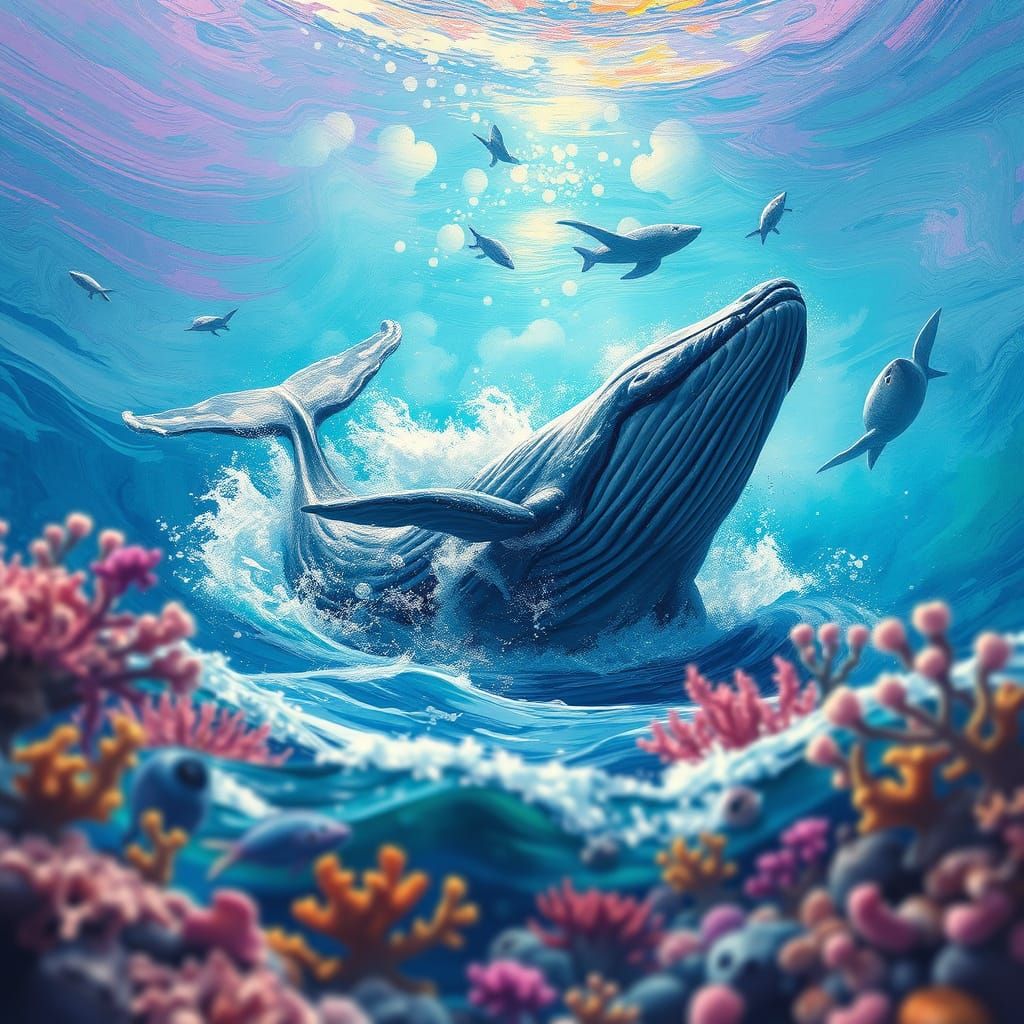 Majestic Whale Surrounded by Ethereal Sea Creatures
