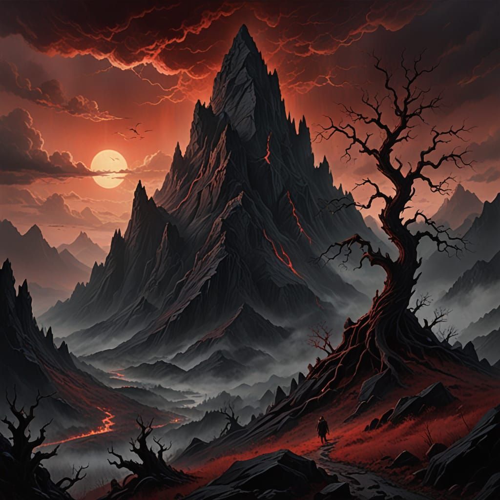 Haunted Mountain Under Blood Red Sky, Dark Fantasy Oil Paint...