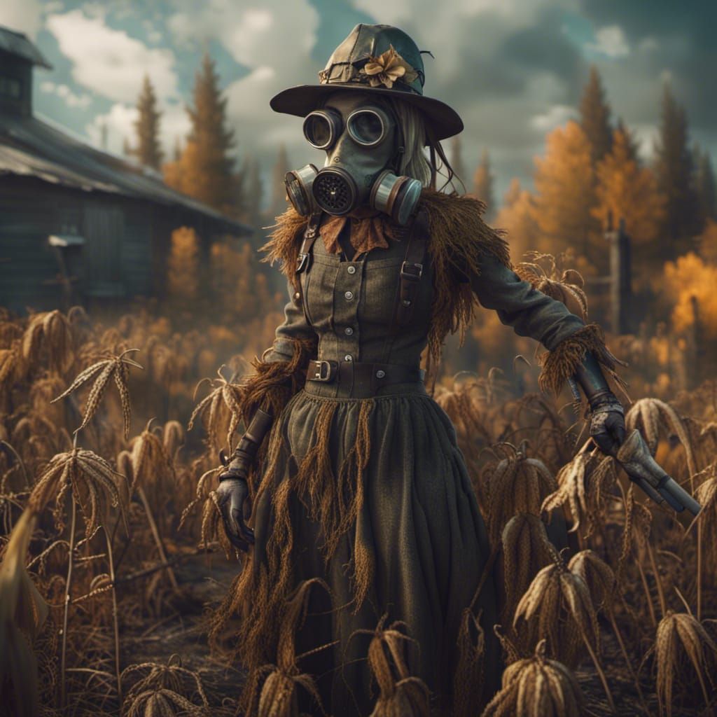 Scarecrow Woman with Gas Mask in Detailed Digital Art