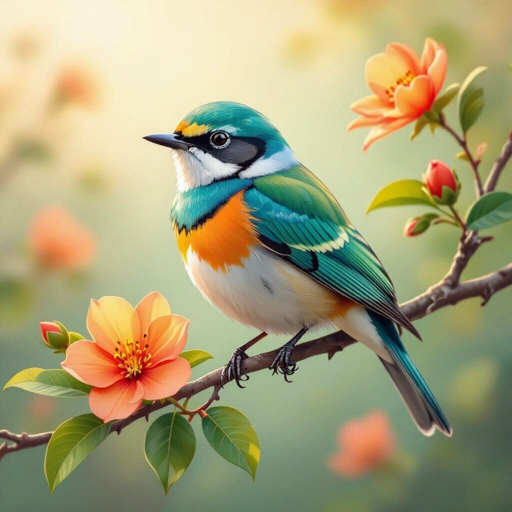 Vibrant Bird Perched Among Orange Flowers