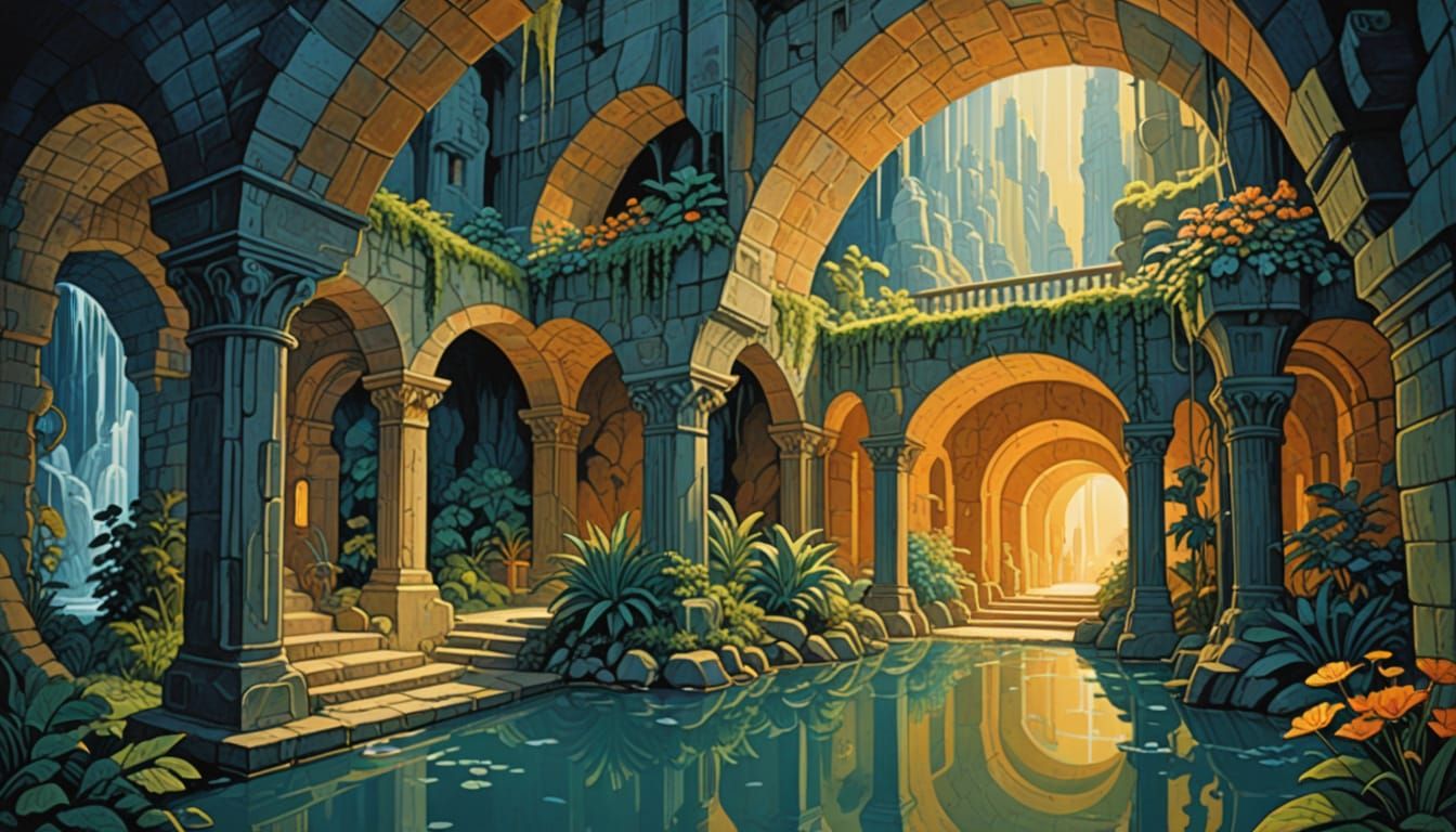 Mysterious Subterranean City in Comic Book Style