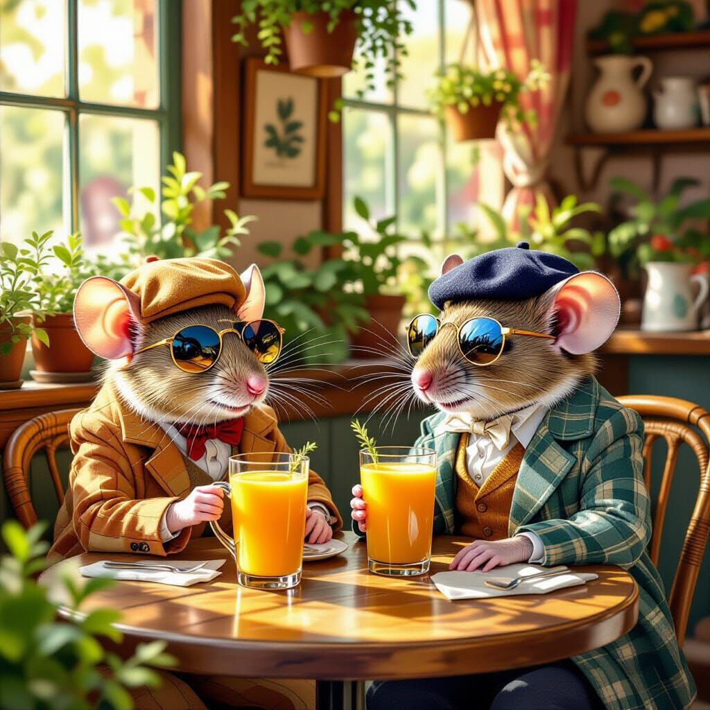 Mice Lounging at Cafe, Whimsical Illustration
