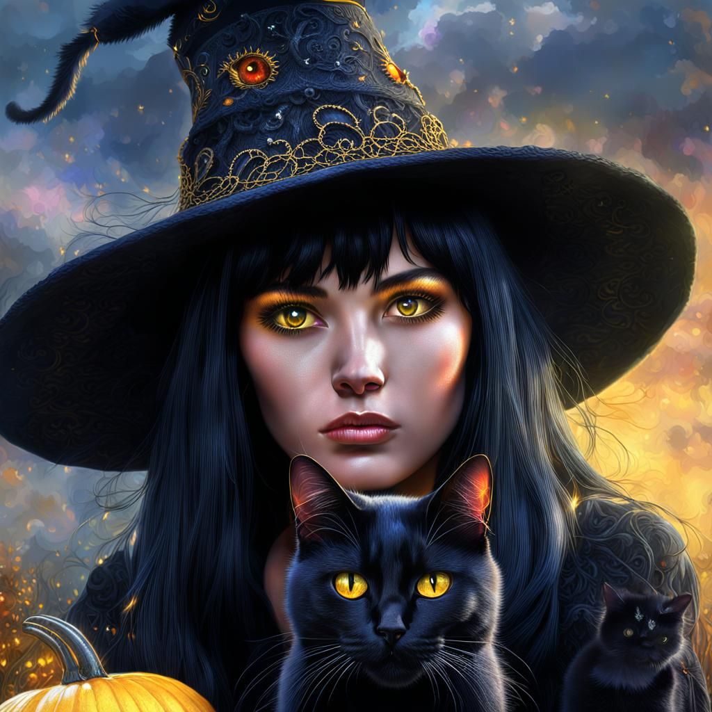 Ethereal Witch with Black Cat in Digital Painting Style