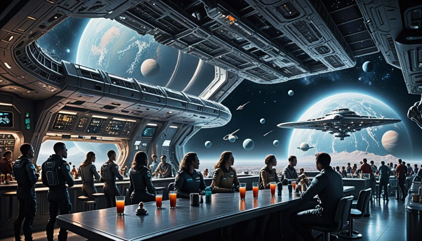 Aliens and Humans Enjoy a Drink in Space Station Cafeteria