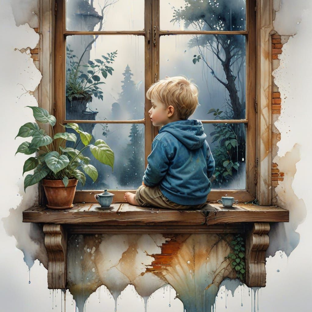 Boy sits at the window and watch the rain outside, Wishing W...